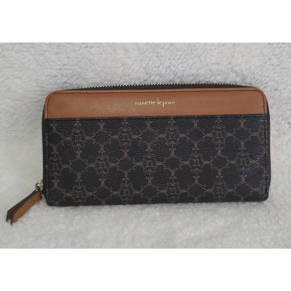 Nanette Lepore Women's Wallet Clutch Zip Around Brown Tan Faux Leather